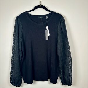Tahari Woman Black Long Sleeve Knit Sweater Top w/ Lace Textured Sleeves-2X-NWT